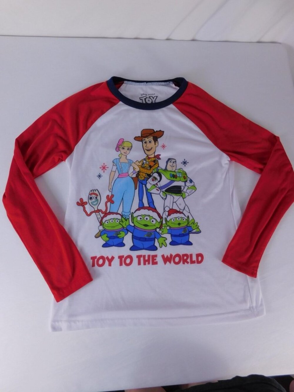 Disney Toy Story 4 Shirt Kids XS White Red Long Sleeve Raglan Graphic Christmas